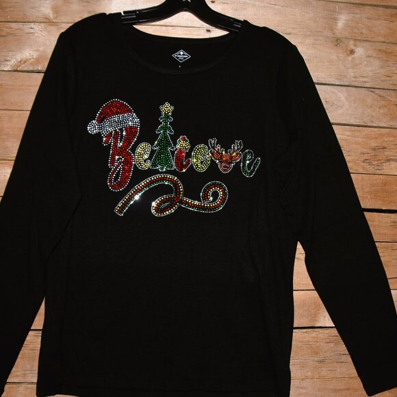Christmas Believe rhinestone bling long sleeved shirt XS S M L XL XXL 1X… - Picture 2 of 8